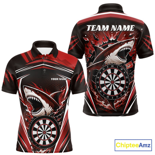 Custom Red Shark With Broken Dartboard Darts Team Polo Shirt For Men, Darts League Shirt IPHW11738