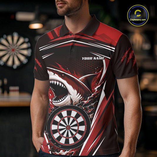 Custom Red Shark With Broken Dartboard Darts Team Polo Shirt For Men, Darts League Shirt IPHW11738