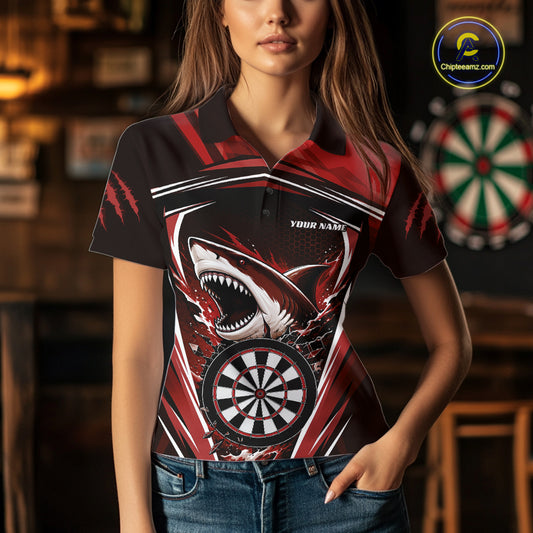 Custom Red Shark With Broken Dartboard Darts Team Polo Shirt For Women, Darts League Shirt IPHW11738