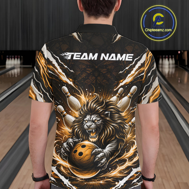 Custom Black And Gold Lion Bowling Jerseys, Lion Bowling Tournament Men Polo Shirt IPHW10354