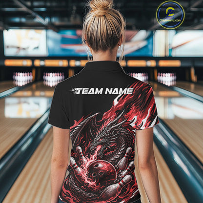 Custom Red Flame Dragon Bowling Women Polo Team Shirts, Bowling Tournament Shirt IPHW10360