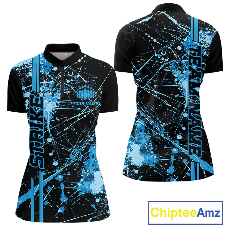 Custom Black And Blue Splatter Camo Strike Bowling League Shirts, Women Bowling Jerseys IPHW10652