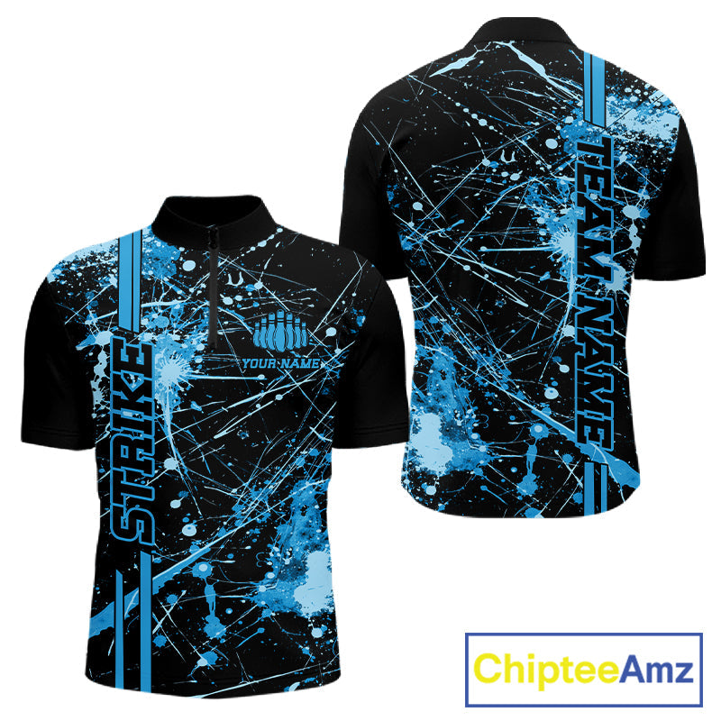 Custom Black And Blue Splatter Camo Strike Bowling League Shirts, Men Bowling Jerseys IPHW10652