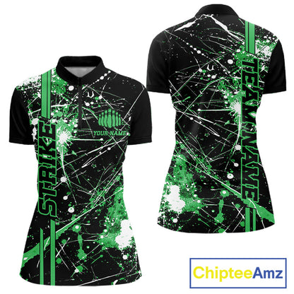 Custom Black And Green Splatter Camo Strike Bowling League Shirts, Women Bowling Jerseys IPHW10653
