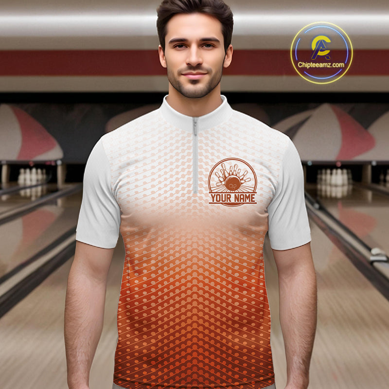 Custom Name Orange Bowling Jerseys For Men, Bowling League Quarter-Zip Shirt Bowler Outift IPHW10659