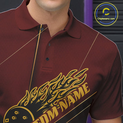 Custom Red And Gold Bowling Shirts For Men, Flame Bowling Team Shirts Bowling Uniform IPHW10660