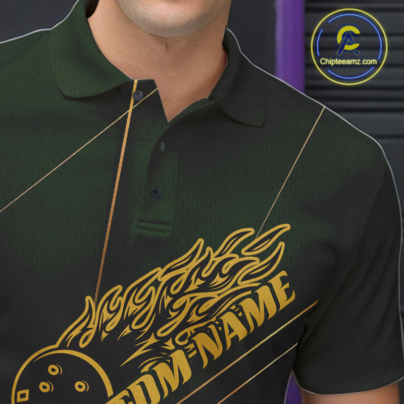 Custom Green And Gold Bowling Shirts For Men, Flame Bowling Team Shirts Bowling Uniform IPHW10663