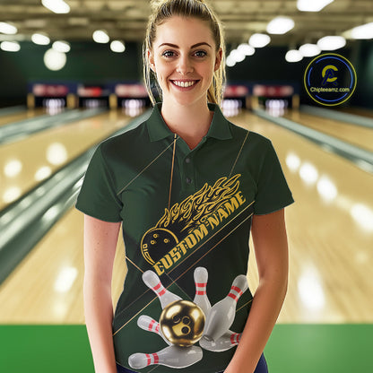 Custom Green And Gold Bowling Shirts For Women, Flame Bowling Team Shirts Bowling Uniform IPHW10663