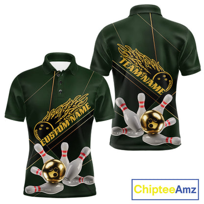 Custom Green And Gold Bowling Shirts For Men, Flame Bowling Team Shirts Bowling Uniform IPHW10663