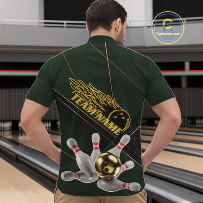 Custom Green And Gold Bowling Shirts For Men, Flame Bowling Team Shirts Bowling Uniform IPHW10663