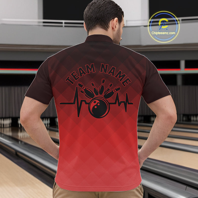 Bowling Heartbeat Pulse Line Red Argyle Custom Bowling Team Quarter-Zip Shirts For Men IPHW10664
