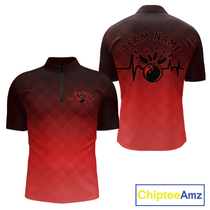 Bowling Heartbeat Pulse Line Red Argyle Custom Bowling Team Quarter-Zip Shirts For Men IPHW10664