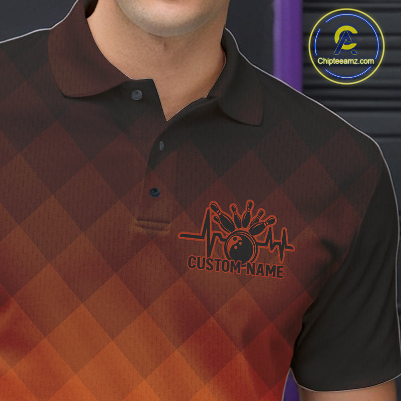 Bowling Heartbeat Pulse Line Orange Argyle Custom Bowling Team Polo Shirts For Men IPHW10666