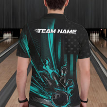 Load image into Gallery viewer, Custom Turquoise Blue US Flag Patriotic Men Bowling Shirt, American Flame Bowling Jersey IPHW11149