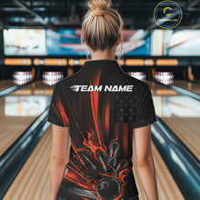Load image into Gallery viewer, Custom Orange US Flag Patriotic Women Bowling Shirt, American Flame Bowling Jersey IPHW11150