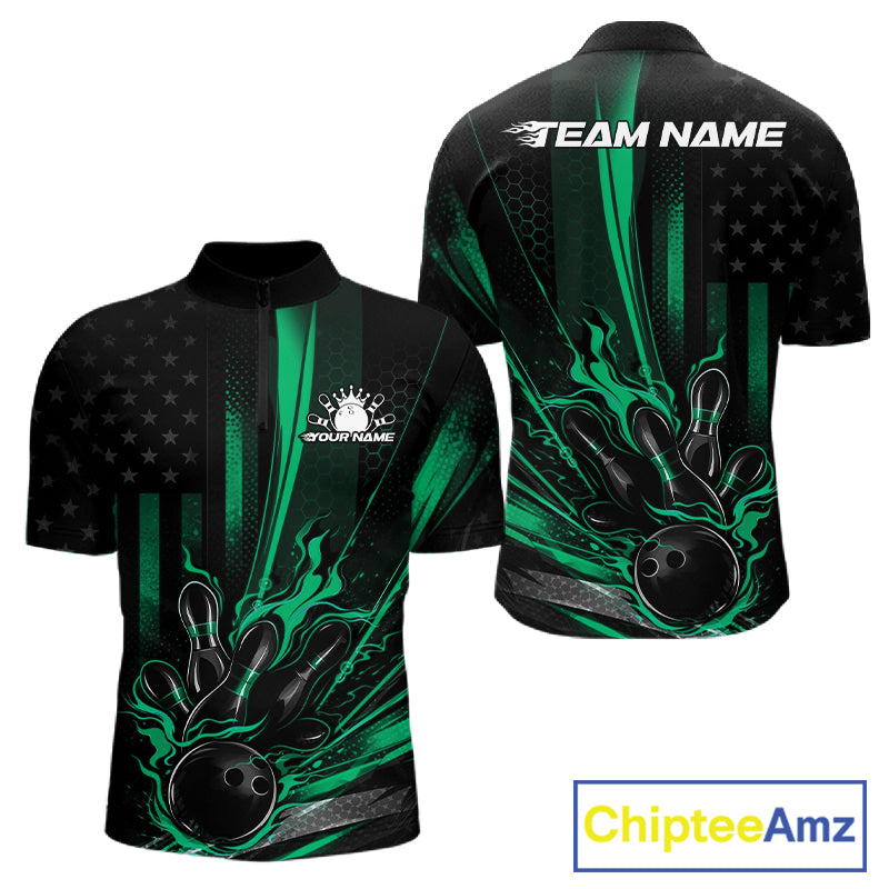 Front and back mockup of a black and green mens bowling quarter-zip shirt featuring a distressed American flag theme with a patriotic bowling ball striking pins.