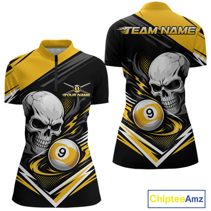 Custom Black And Yellow 9 Ball Skull Billiards Women Quarter-Zip Shirt, Pool Team Shirt IPHW11739