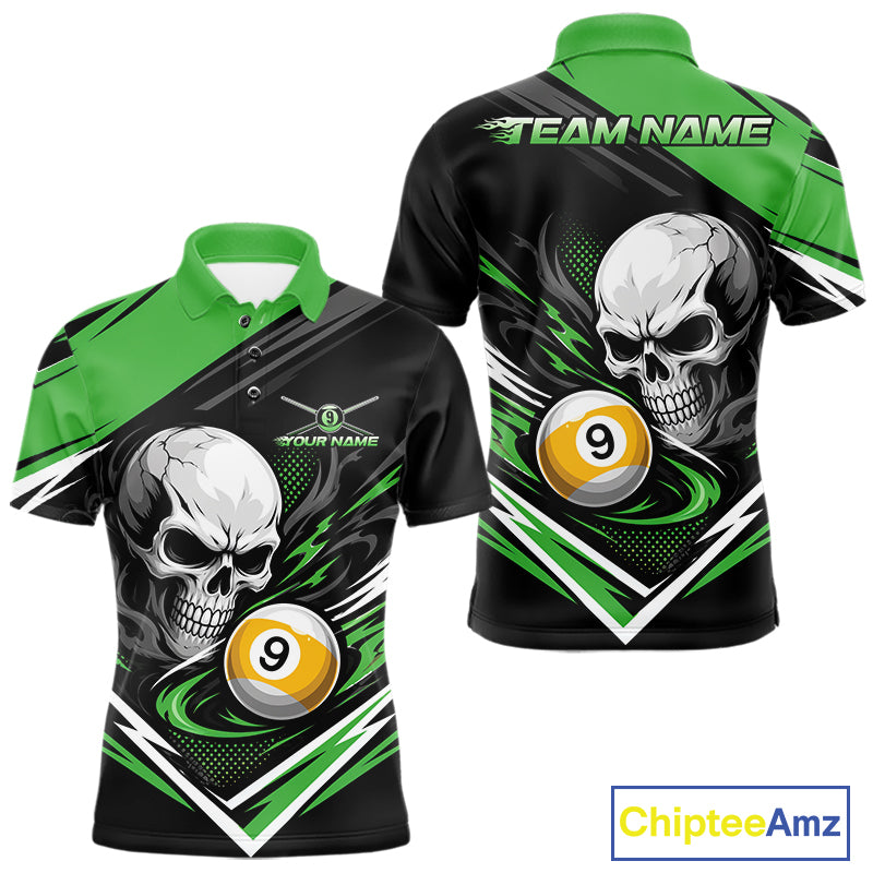Custom Black And Green 9 Ball Skull Billiards Men Polo Shirt, Pool Team Shirt IPHW11743