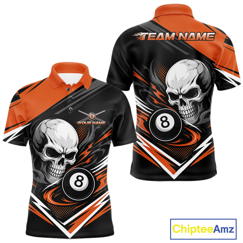 Custom Black And Orange 8 Ball Skull Billiards Men Polo Shirt, Pool Team Shirt IPHW11747