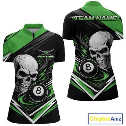 Custom Black And Green 8 Ball Skull Billiards Women Quarter-Zip Shirt, Pool Team Shirt IPHW11748