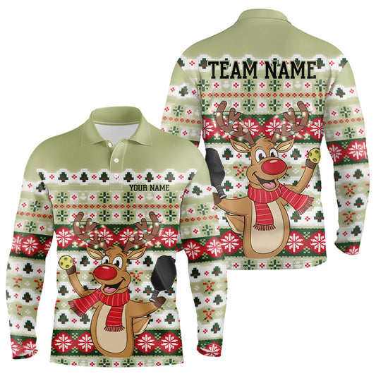 Custom Funny Christmas Reindeer Pickleball Long Sleeve Polo Shirts For Men, Pickleball Outfit IPHW8089