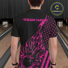 Load image into Gallery viewer, Custom Pink Patriotic Flame Bowling Men Polo Shirt, US Flag Bowler Jersey IPHW11168