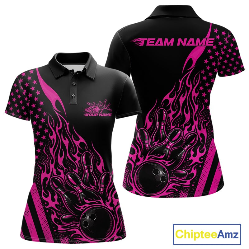 Front and back display of a black women’s bowling polo shirt featuring a pink flaming bowling ball striking pins with American flag accents.