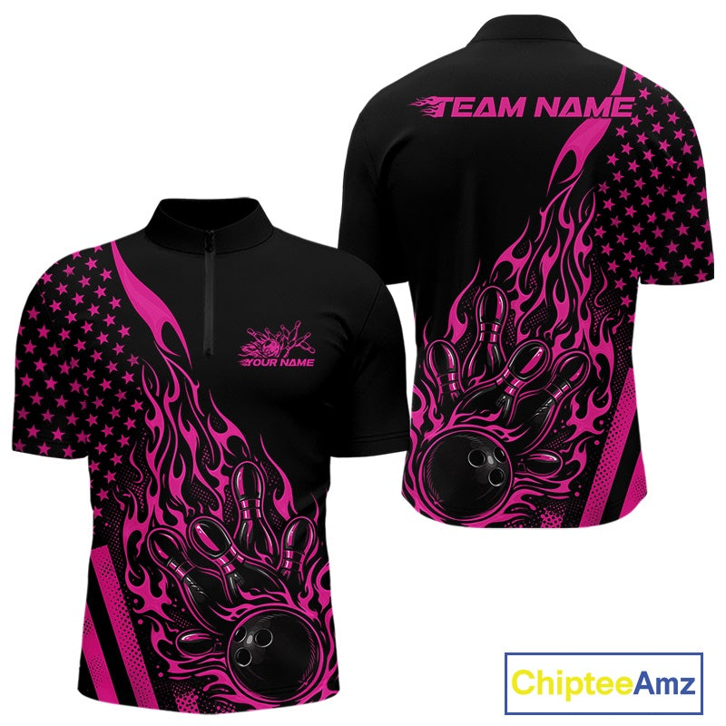 Front and back display of a black men’s bowling quarter-zip shirt featuring a pink flaming bowling ball striking pins with an American flag theme.