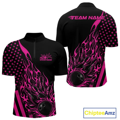 Front and back display of a black men’s bowling quarter-zip shirt featuring a pink flaming bowling ball striking pins with an American flag theme.