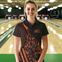 Load image into Gallery viewer, Custom Orange Patriotic Flame Bowling Women Polo Shirt, US Flag Bowler Jersey IPHW11169