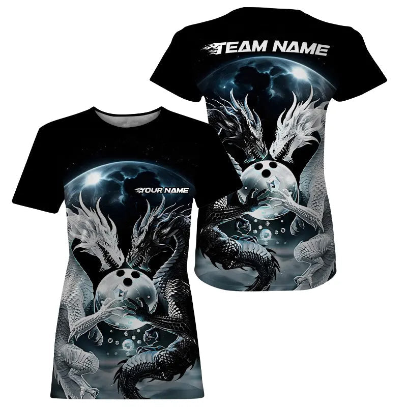 Black And White Dragon Custom Bowling T-Shirts For Women, Dragon Bowling League IPHW7064