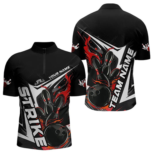 Custom Black And Red Flame Strike Bowling Quarter-Zip Shirts For Men, Strike Bowling Jerseys IPHW8312