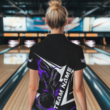 Load image into Gallery viewer, Custom Black And Purple Flame Strike Bowling Polo Shirts For Women, Strike Bowling Jerseys IPHW8315