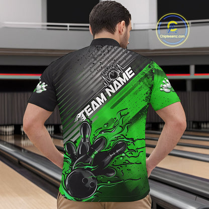 Custom Green Strike Flame Bowling Quarter-Zip Shirts For Men, Bowling Team Shirt Bowlers Outift IPHW9616