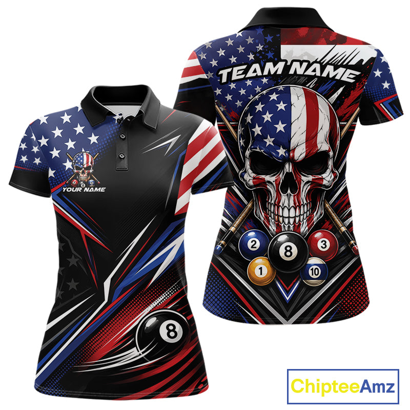 Custom Patriotic American Flag Skull Billiards Women Polo Shirt, US Flag Pool Jersey IPHW11784
