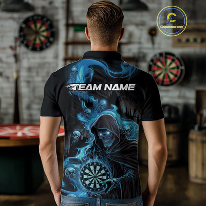 Custom Blue Fire Flame Grim Reaper Dart Men Polo Shirts, Dart Team Halloween Outfits IPHW9984