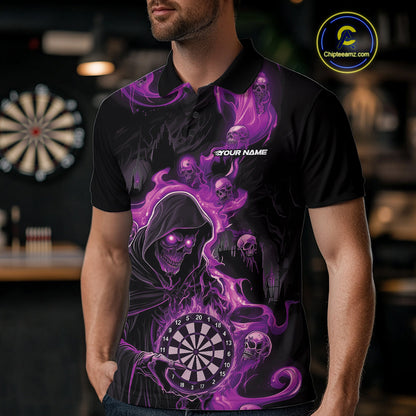 Custom Purple Pink Fire Flame Grim Reaper Dart Men Polo Shirts, Dart Team Halloween Outfits IPHW9985