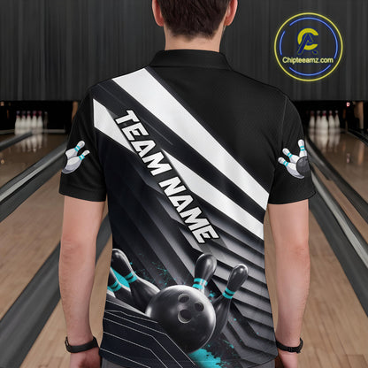Custom Black And Blue Strike Bowling Polo Shirts For Men, Bowling Team Uniform IPHW9628