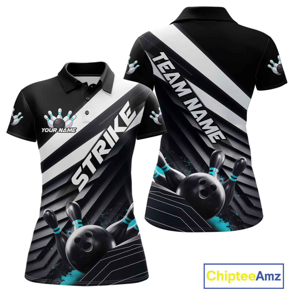 Custom Black And Blue Strike Bowling Polo Shirts For Women, Bowling Team Uniform IPHW9628