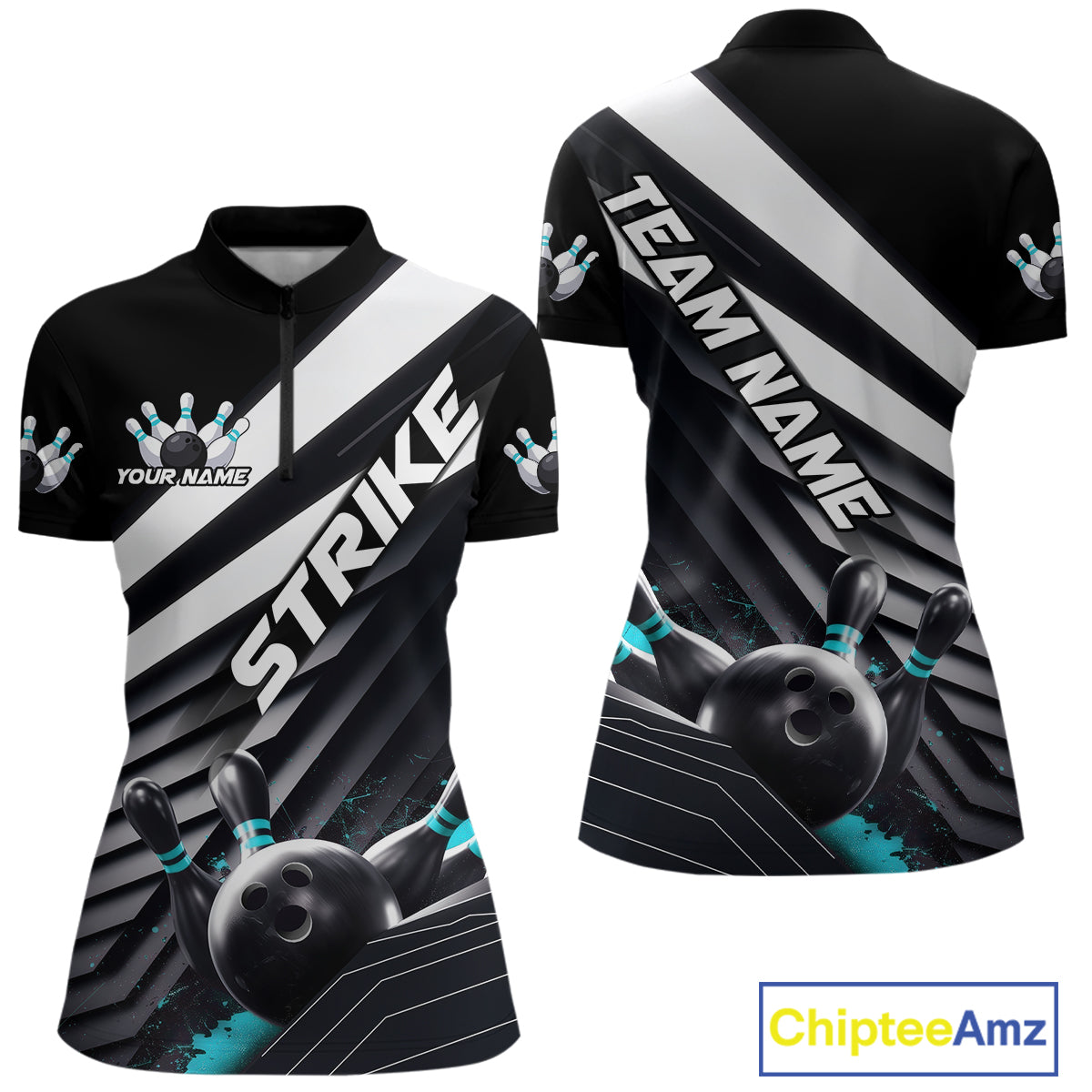 Custom Black And Blue Strike Bowling Quarter-Zip Shirts For Women, Bowling Team Uniform IPHW9628