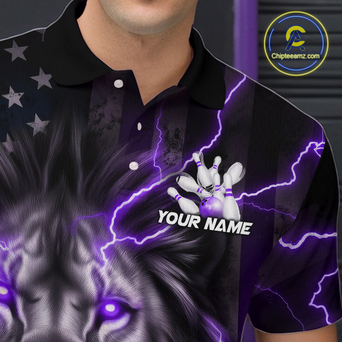 Custom Purple Thunder Lightning Patriotic Lion Polo Shirts For Men, US Flag Bowling Jerseys IPHW9321