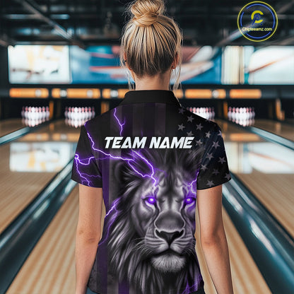 Custom Purple Thunder Lightning Patriotic Lion Women Polo Shirts, US Flag Bowling Jerseys IPHW9321