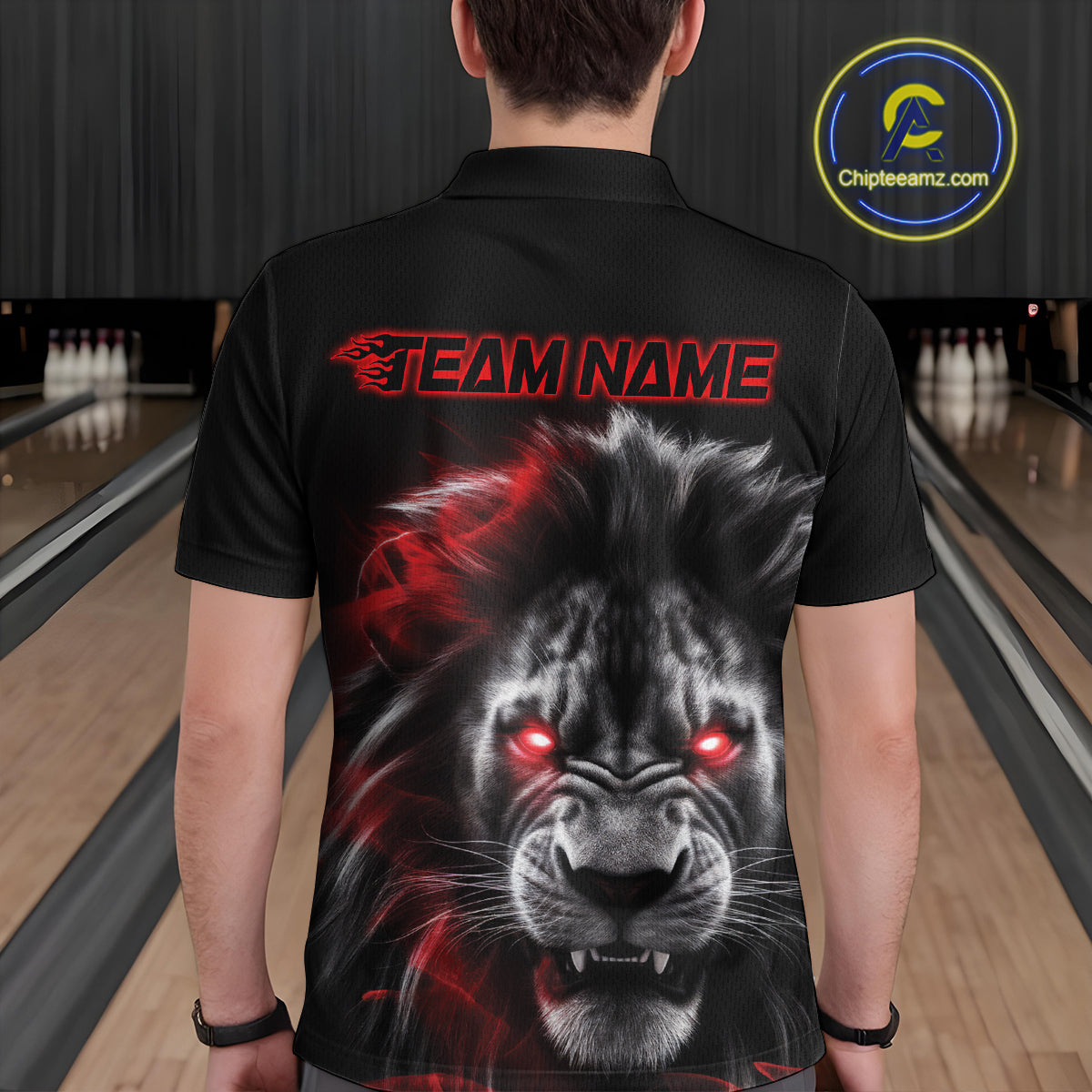 Custom Black And Red Lion Bowling Polo Team Shirts For Men, Lion Bowling Jerseys IPHW9328