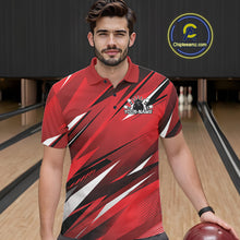 Load image into Gallery viewer, Man wearing a red and black bowling shirt with a personalized name on a bowling alley.