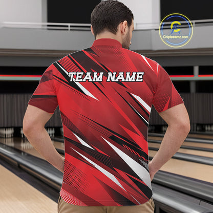 Person wearing a red bowling shirt with 'TEAM NAME' text in a bowling alley.