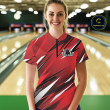 Load image into Gallery viewer, Woman wearing a red and black bowling shirt with a logo in a bowling alley.