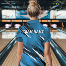 Load image into Gallery viewer, Person wearing a blue bowling shirt with 'TEAM NAME' on the back in a bowling alley.