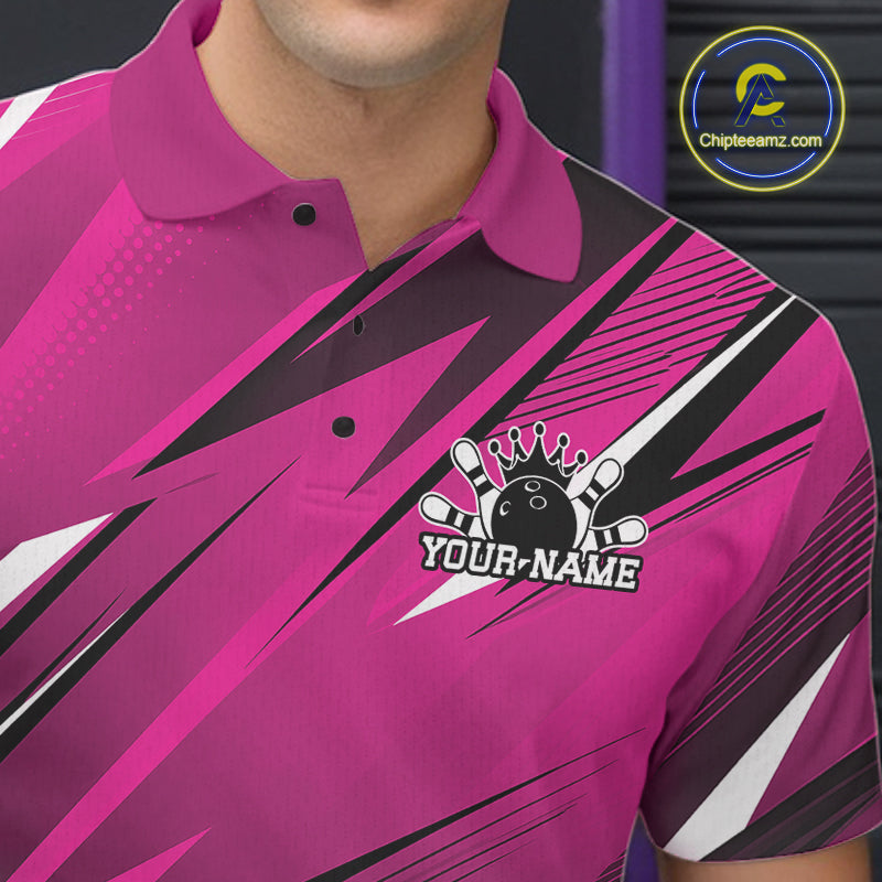Pink bowling shirt with black and white design and 'Your Name' text, brand logo visible.