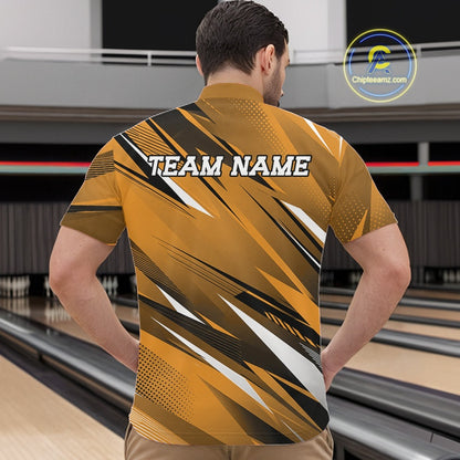 Man wearing a yellow bowling shirt with 'TEAM NAME' text in a bowling alley.