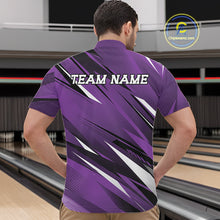 Load image into Gallery viewer, Person wearing a purple bowling shirt with 'TEAM NAME' on the back in a bowling alley.